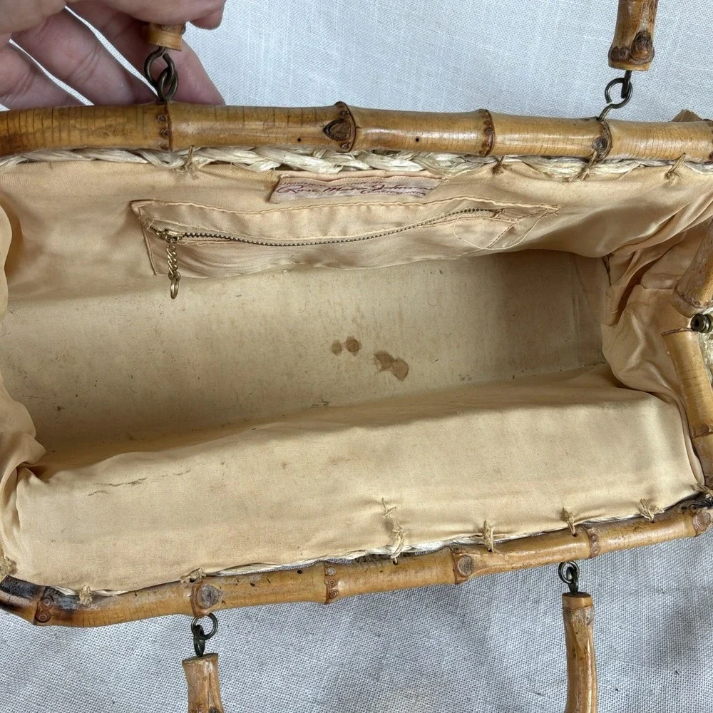 VTG 1950s Purse Velvet Flowers Bamboo Handles Rose Marie Johnson Handbag